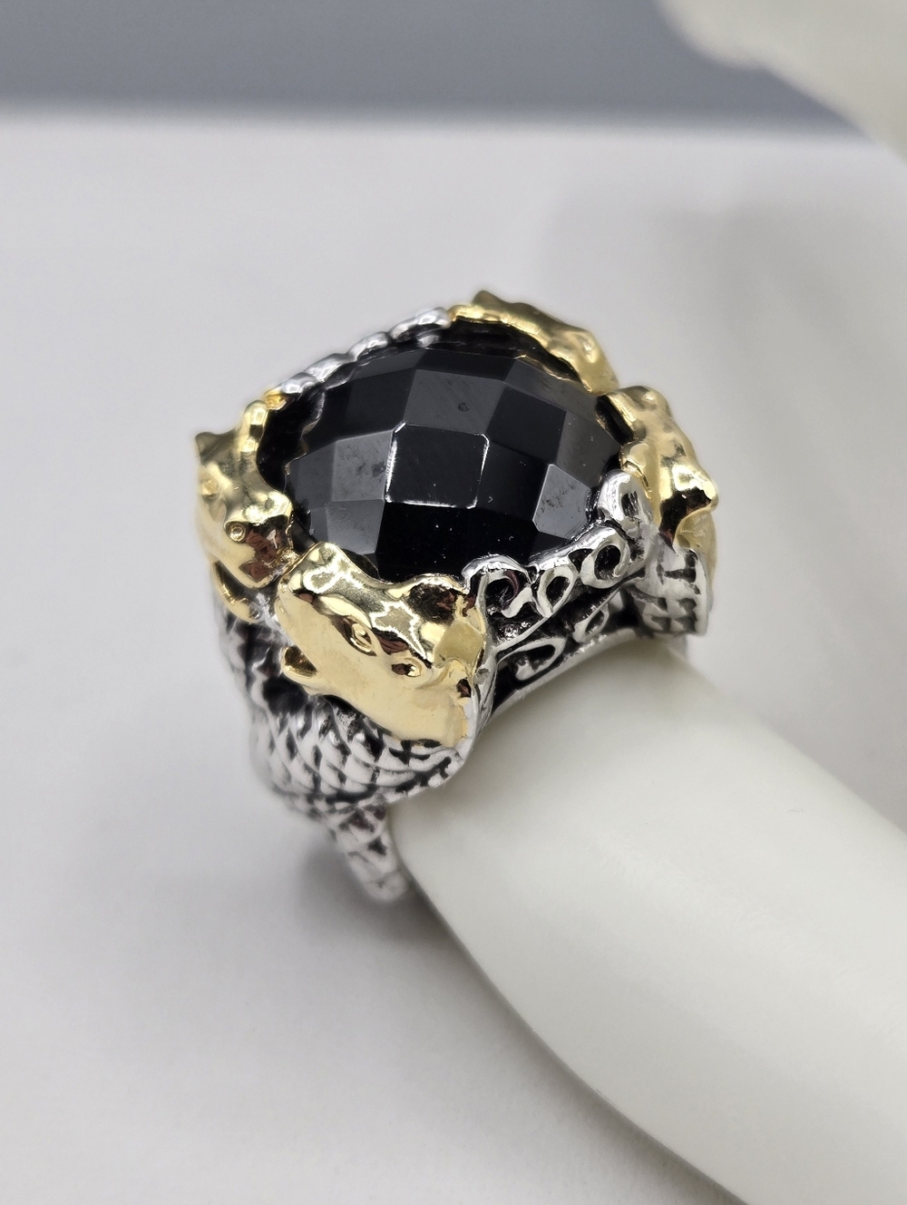 Swarovski Black Faceted Stone Two-Tone Gold & Silver Dragon Ring